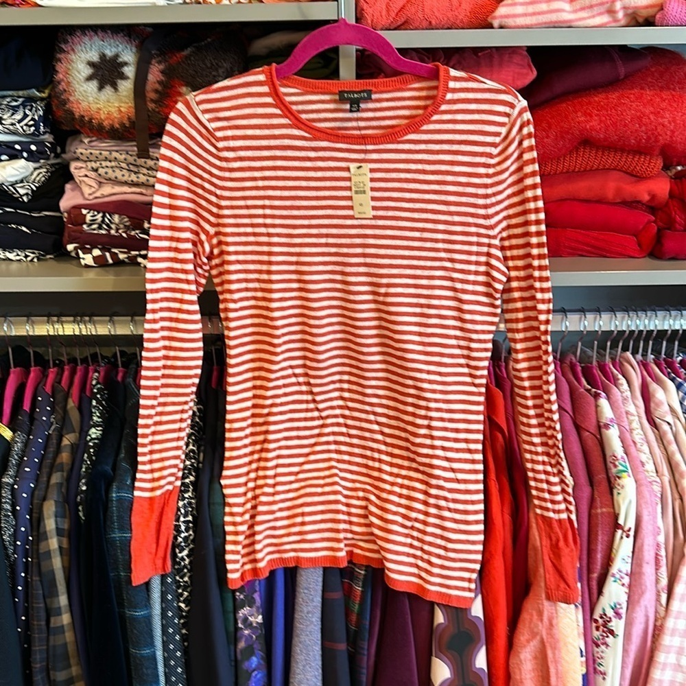 Talbots red/white striped crew neck lightweight long sleeved sweater XS NWT